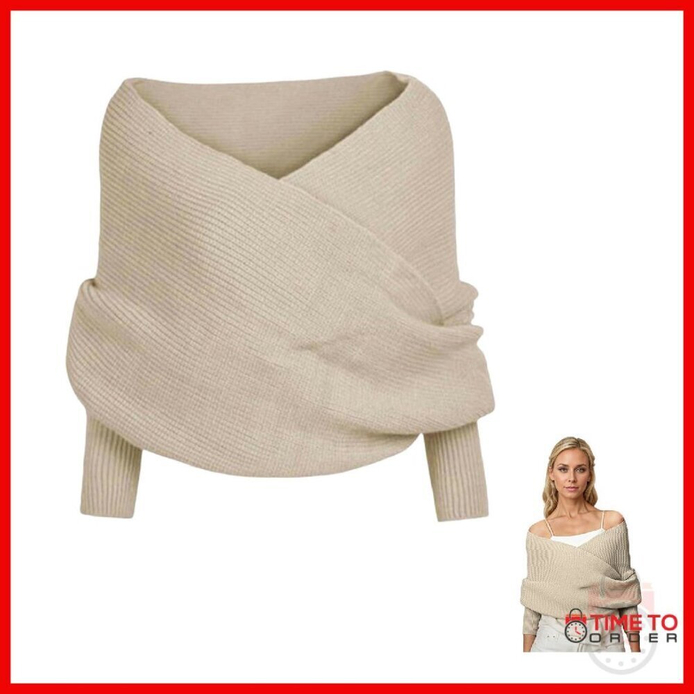 Knitted Sweater Scarf with Sleeves, V-Neck Wrap Shrug for Women